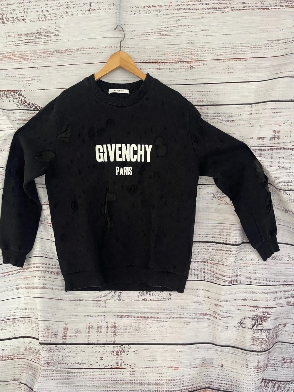 Givenchy Black Crewneck Logo Distressed Sweatshirt